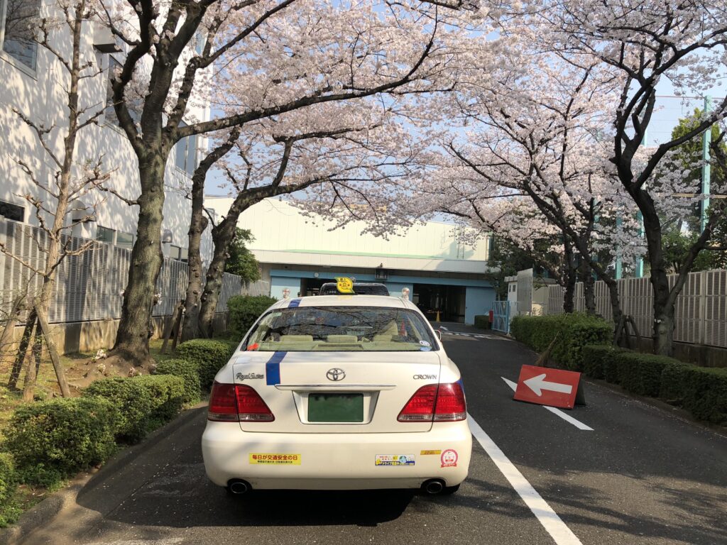2018年春、ゼロクラウンで1人1車の認可を受けた藤崎タクシー。桜並木のメーター検査場にて撮影。