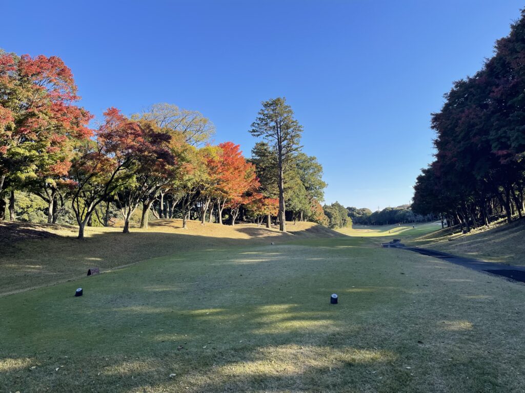 小見川東急ゴルフクラブのティーグラウンドから見たフェアウェイ。コンペで藤﨑タクシーがプレーした際の一枚。