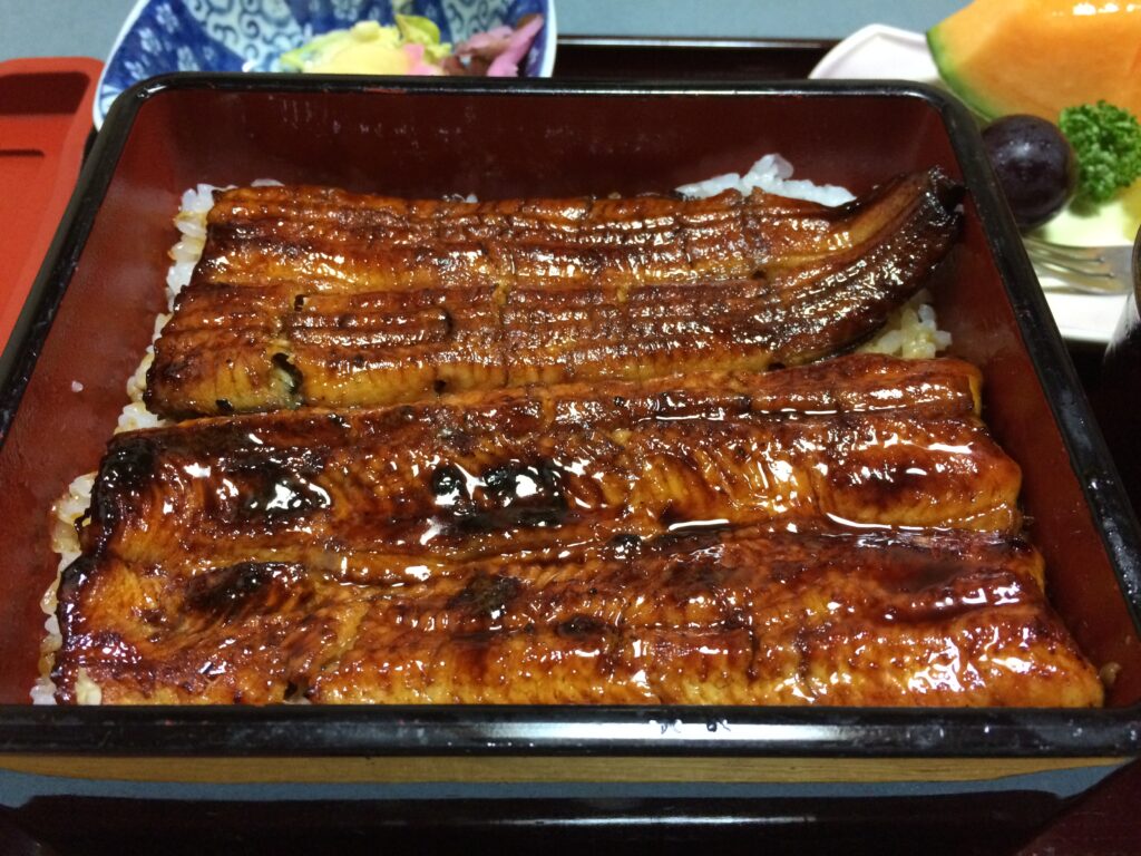 個人タクシー開業前に浜野ゴルフクラブの帰りに立ち寄った、八幡屋のうな重。艶のある蒲焼きが重箱いっぱいに盛り付けられた一品。